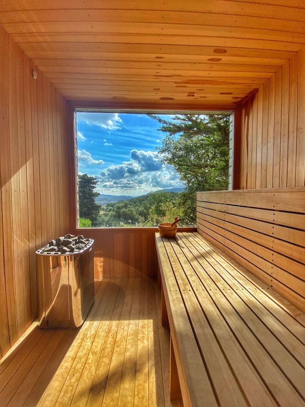 Sauna with panoramic valley window