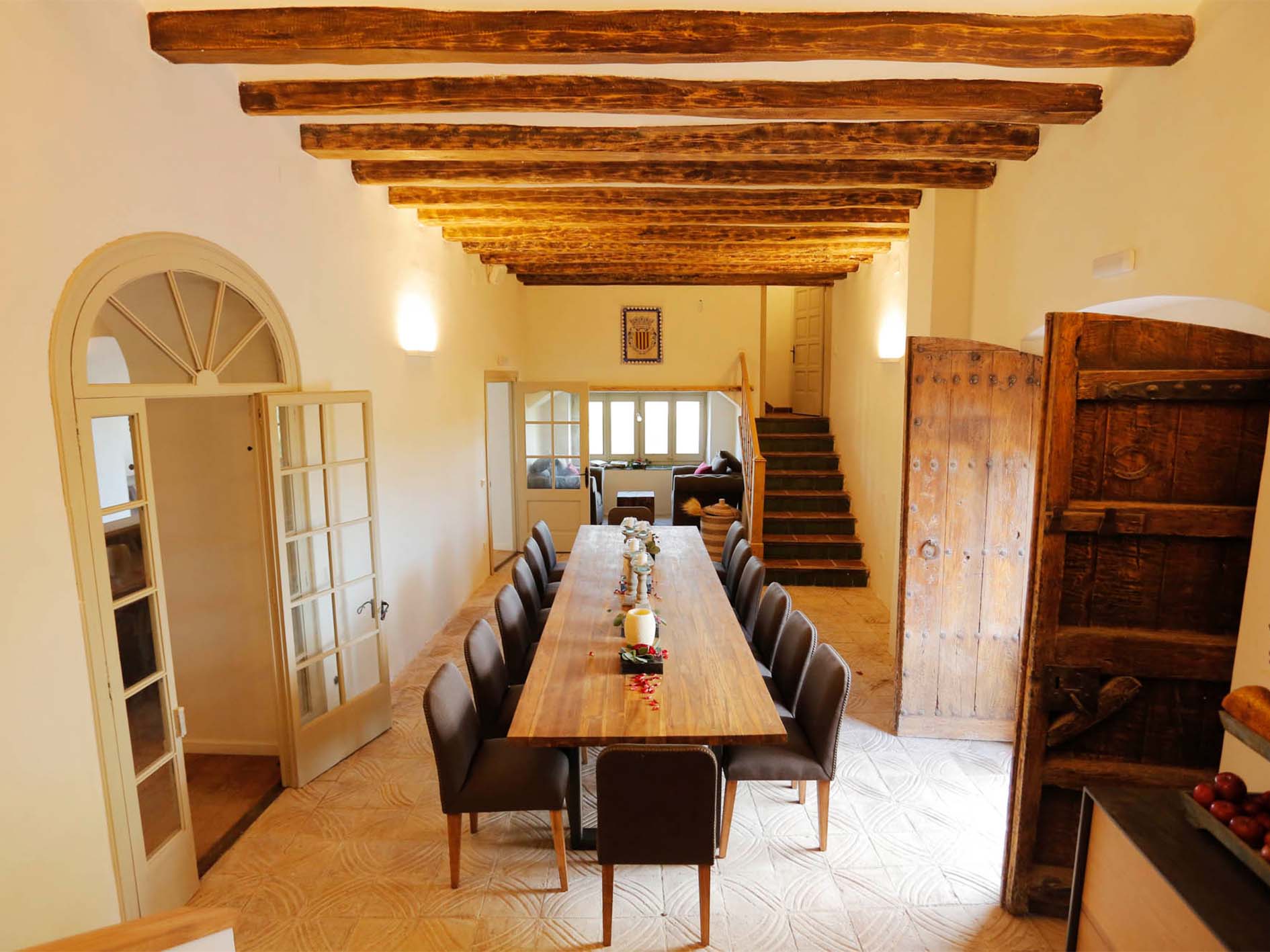 Long communal dining table indoors